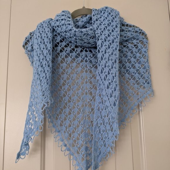 Handmade Accessories - Handmade Crochet Merino Wool Light Blue Shawl.